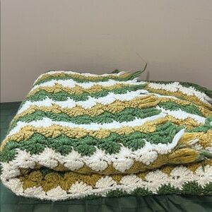 Handmade Crochet Blanket in Green, White, and Yellow